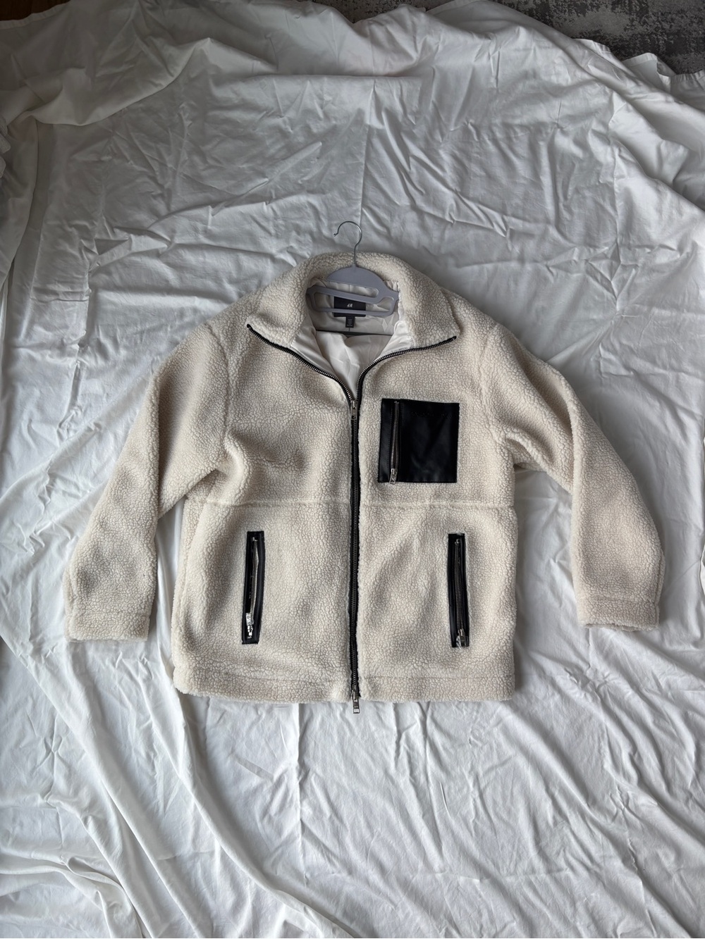 Cream Sherpa Jacket with Black Faux Leather Trim